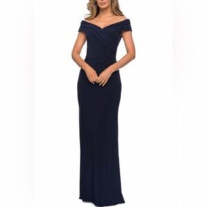 New La femme navy blue off the shoulder jersey dress NYE gown